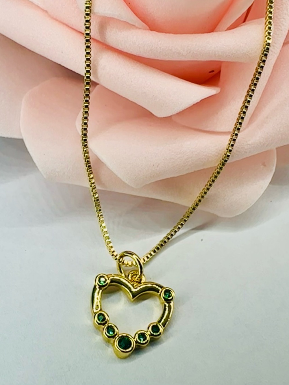 14K Gold plated Green CZ Heart Pendant Necklace | 16” Gold Plated Chain | New - Picture 2 of 12